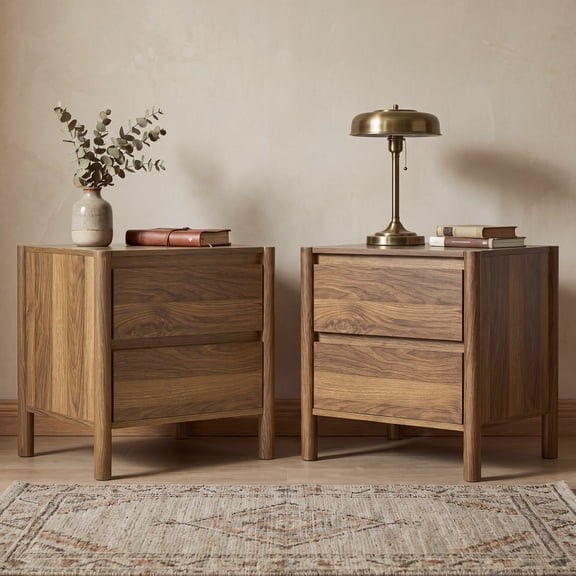 Mid Century Nightstand Set of 2 - Bedside Table with 2 Drawers and 4 Sturdy Solid Wood Legs, End Table for Bedroom,Brown