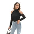 thumbnail image 4 of Women Cold Shoulder Tops Long Sleeve T Shirts Mock Turtle Neck Slim Lace Sexy Ribbed Stretchy Pullover Blouses, Black M, 4 of 9