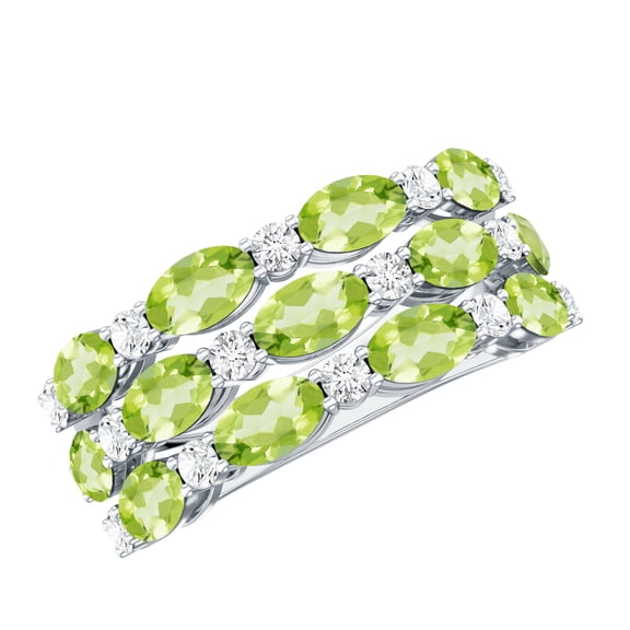 Rosec Jewels Peridot Diamond Wedding Band for Women - Oval Peridot 3 Row Wide Band Ring - AAA Quality - with Jewelry Box, 925 Sterling Silver, US 4.00