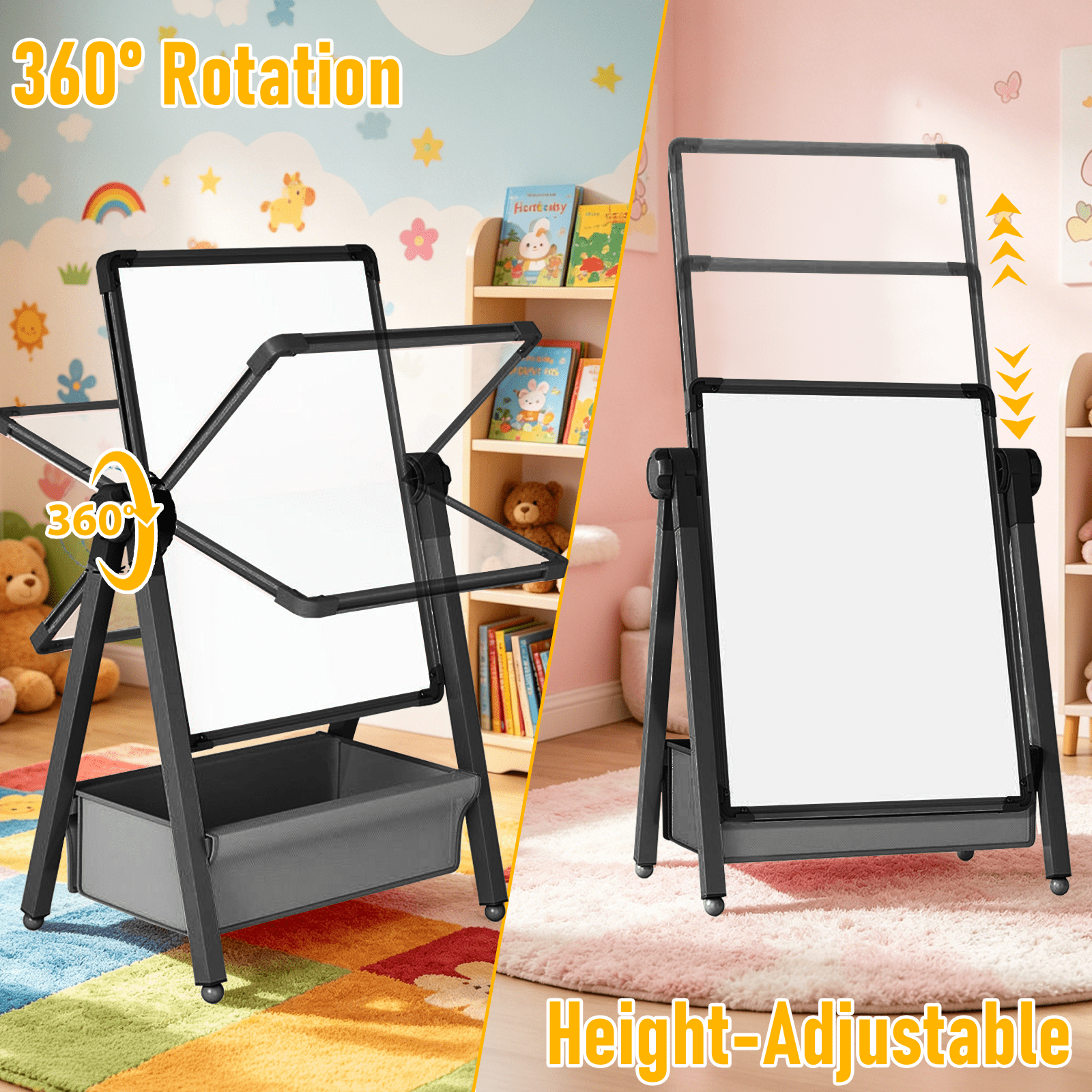Art Easel for Kids, Double Sided Magnetic Kids Easel, Adjustable 360°Rotating Whiteboard & Chalkboard for Boys and Girls, Black