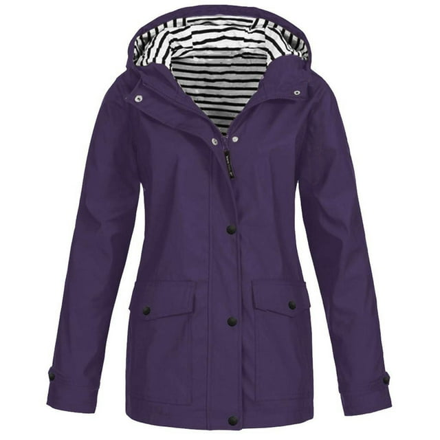 FAVIPT Manteau pour Femme Grande Taille à Fermeture Éclair Complète, Imperméable à Capuche, Manches Longues, Vestes Unies Légères, Imperméable, Manteaux anti-UV 2025 Violet, P