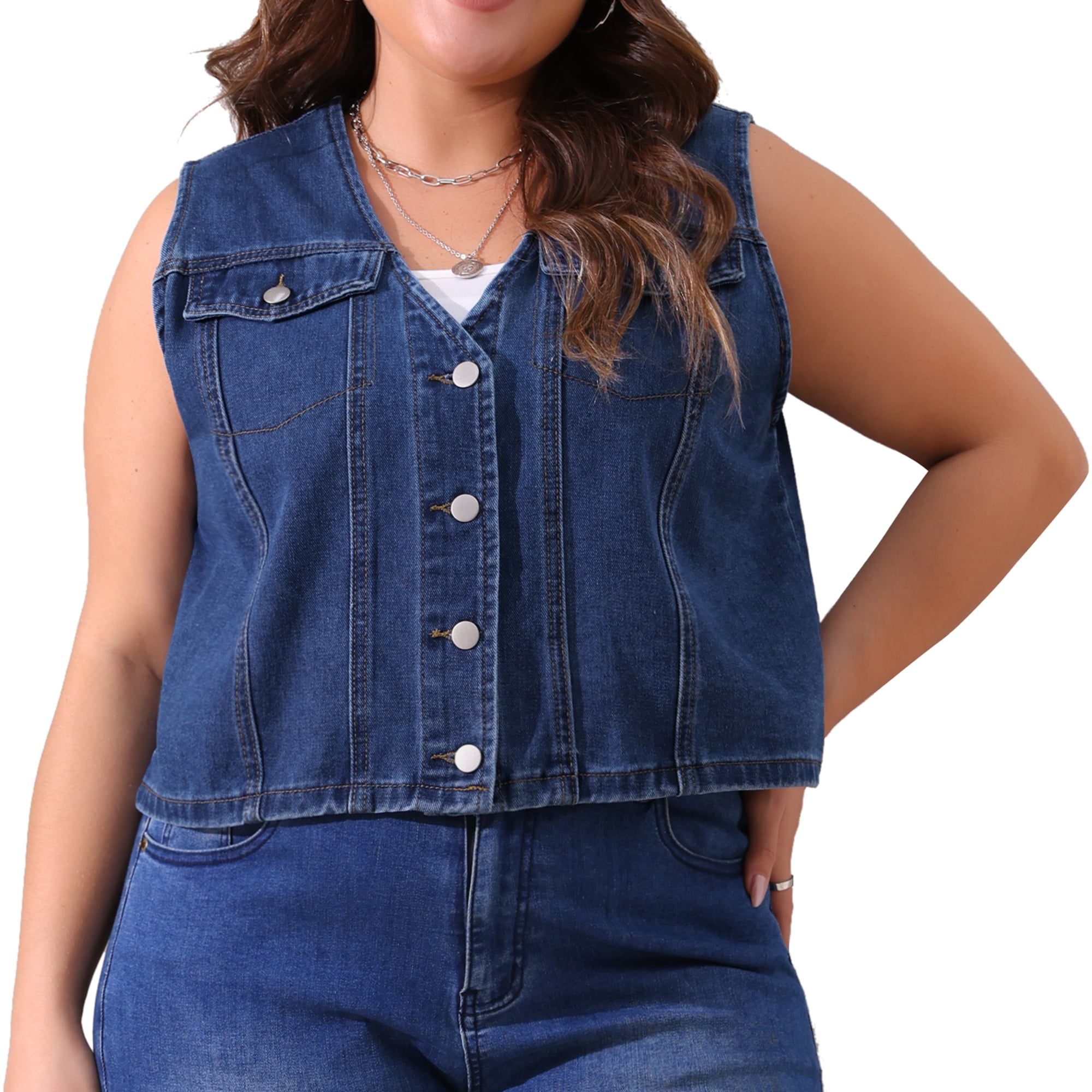 DARING DIVA Women's Plus Size V Neck Button Down Casual Denim Vest 4X Blue