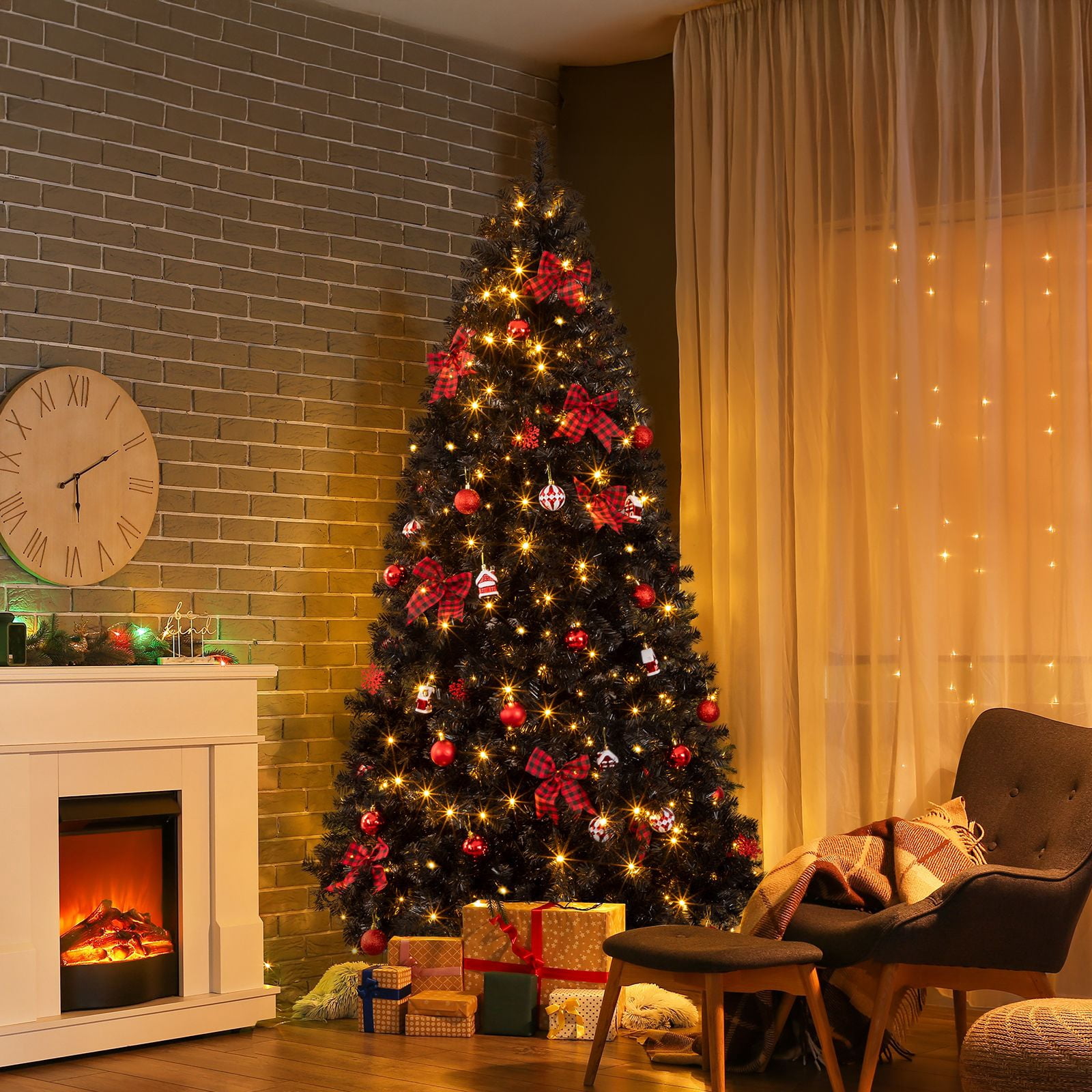 7.5 FT Artificial Christmas Tree with DIY 350 Warm White LED Lights, Hinged Xmas Pine Tree with Tree Skirt and Holiday Ornaments for Holiday Party Office Home, Black Tree & Red Decor