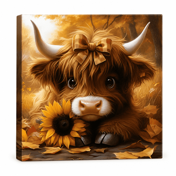 Cute Highland Cow Baby Canvas Wall Art Rustic Farmhouse Sunflower Wall Decor Picture Baby Cow Poster Print for Bedroom Bathroom Home Decoration 12x12in