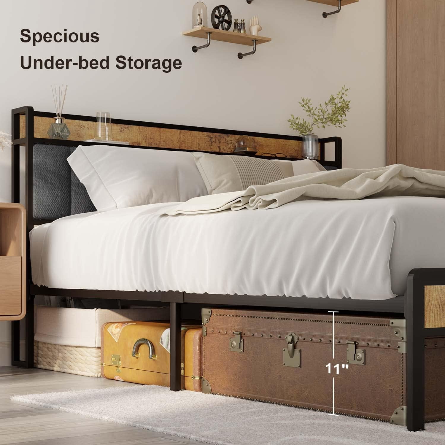 Lofka King Size Bed Frame with Storage Headboard, Sturdy Metal Support, Quiet Design, and Ample Under-Bed Storage, No Box Spring Needed，Easy Assembly