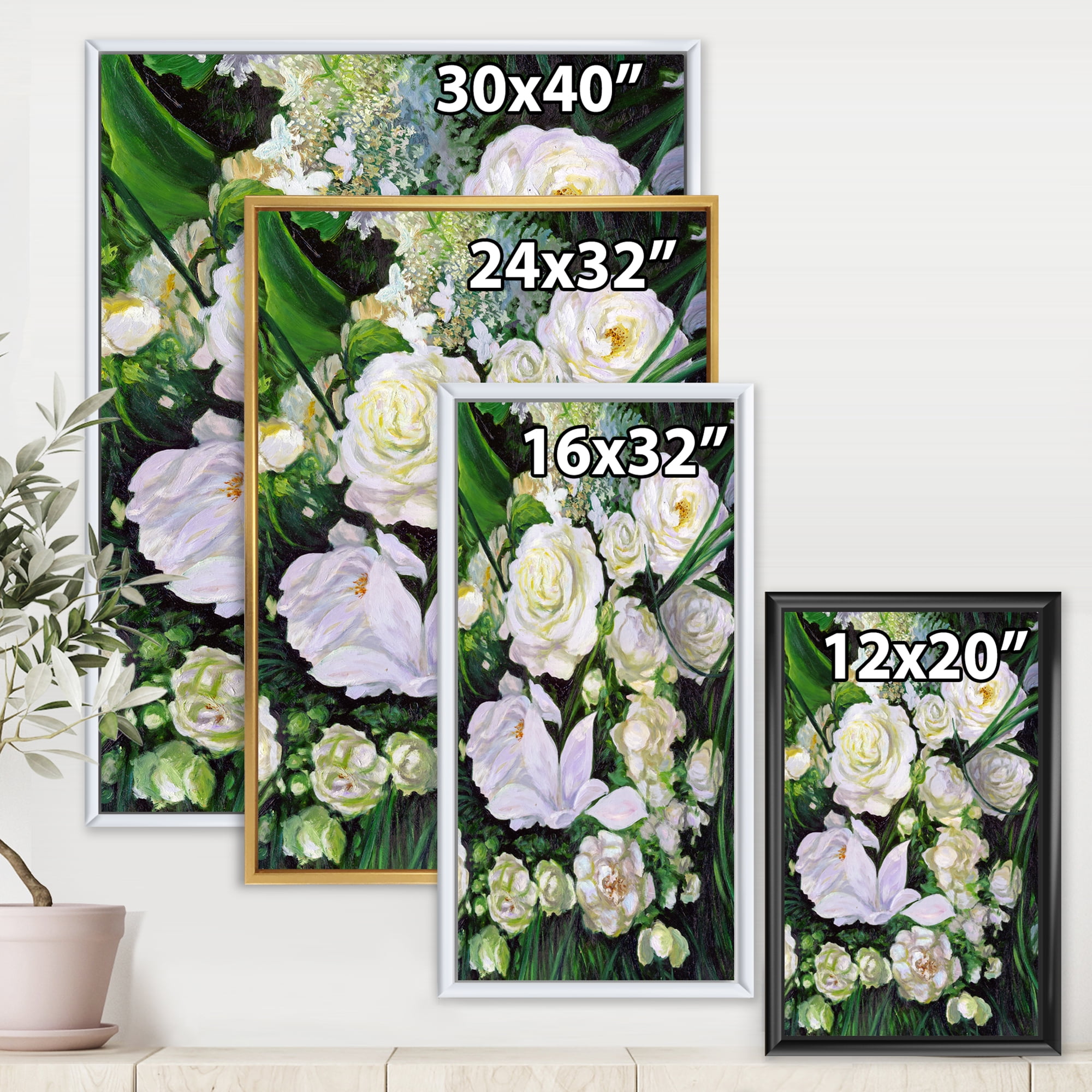 Bouquet Of White Roses With Green Leaves 12 in x 20 in Framed Painting Canvas Art Print, by Designart