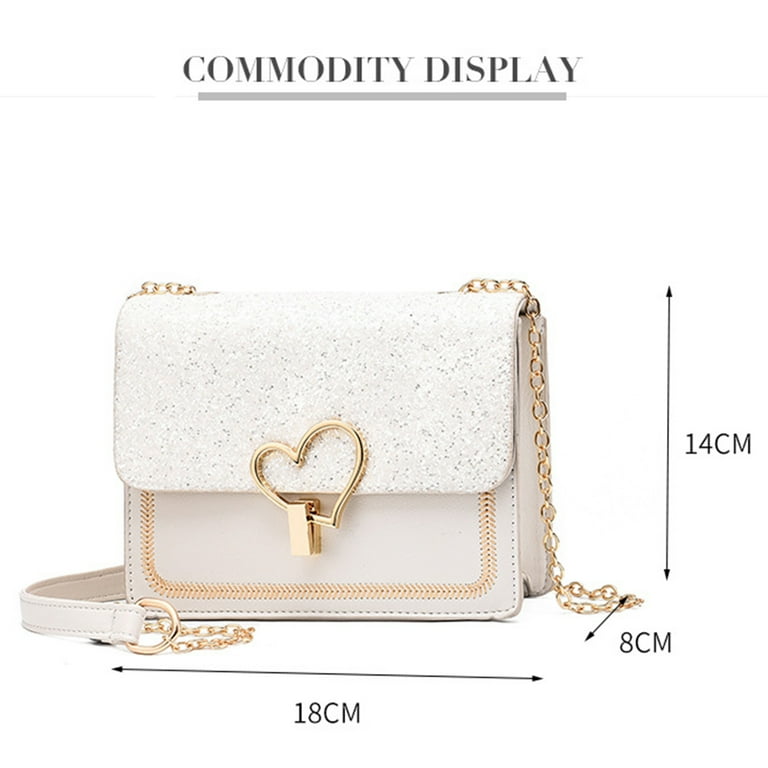 Purse PU Leather Sequin Handbags with Gold Chain Strap(White)