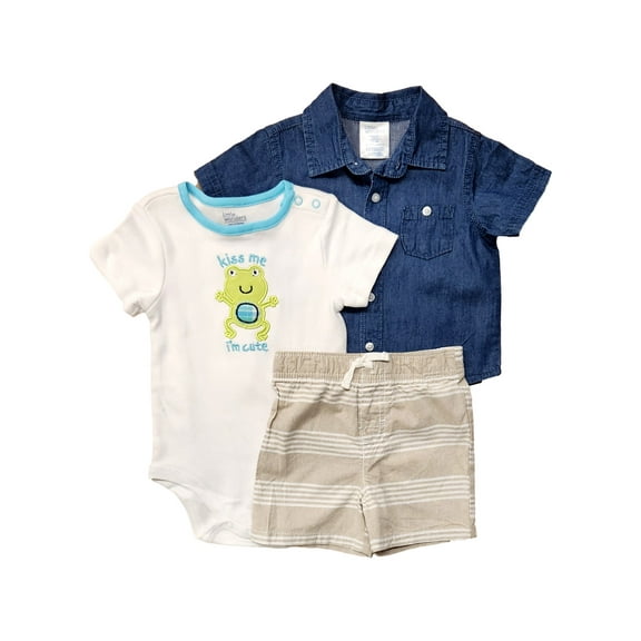 Infant Boys Blue Button Up Shirt, Frog Bodysuit & Tan Shorts Outfit 6-9M