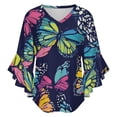thumbnail image 5 of Colorful Butterflies Dark Background Pattern Women's V-Neck Blouse With 3/4 Ruffled Bell Sleeves Casual Top Ladies Blouses, 5 of 7