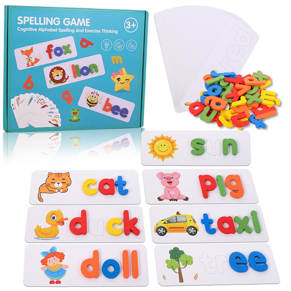Sided Cognitive Cards and 52 Letters Great Gift for 4 5 6 Years Girl Boy See Spelling Learning Toy Wooden Educational Sight Words Games Develops Vocabulary and Spelling Skills with 28 Double 
