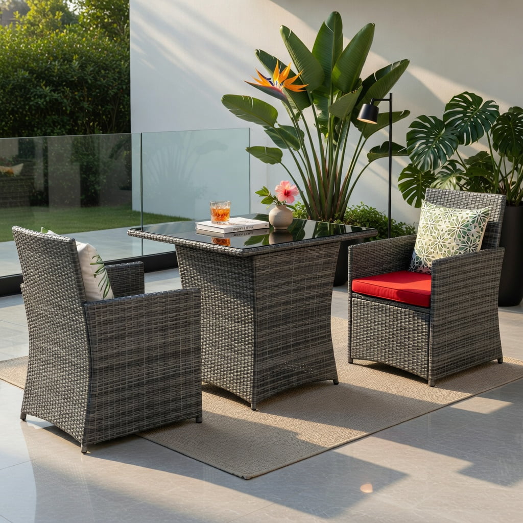Hommoo 3-Piece Outdoor Rattan Patio Furniture Set, Steel Frame Sofa & Table with Washable Cushions, Red