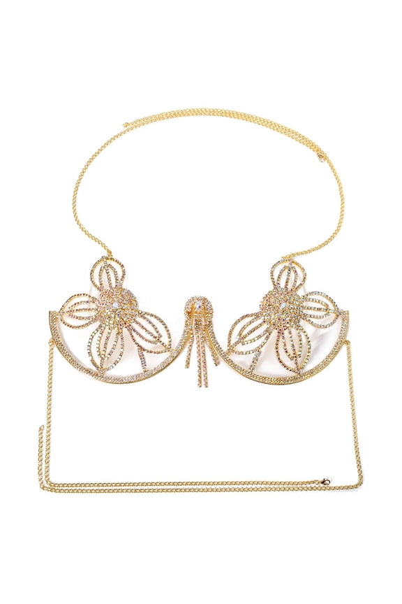 Flowers Bra Chain Bracket Chest Body Jewelry Women Rhinestone Bikini String Swimsuit Top Harness Tassel