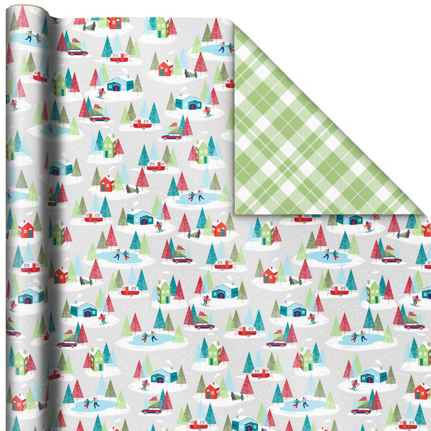 Papier d'emballage réversible de Noël – Hallmark (Village en hiver et motif écossais vert)
