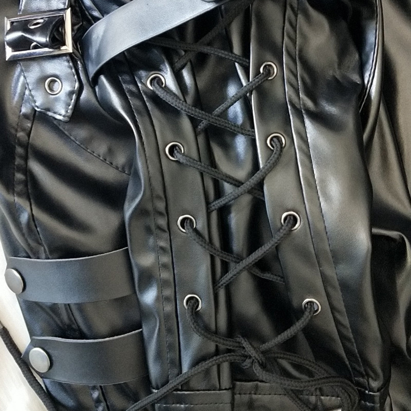 Nmnitkp Leather Jacket Men High Cost Performance Punk Rave Poison Black & Maroon Jacket Mens Faux Leather Goth Steampunk Military Coat Plus Size with Zipper Pockets