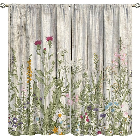 Flowers Curtains，Rustic Retro Wildflowers Herbs Plants Wooden Panels Farmhouse Theme，Bedroom Living Room Blackout Curtains，2 Panel Sets,42X54 Inch