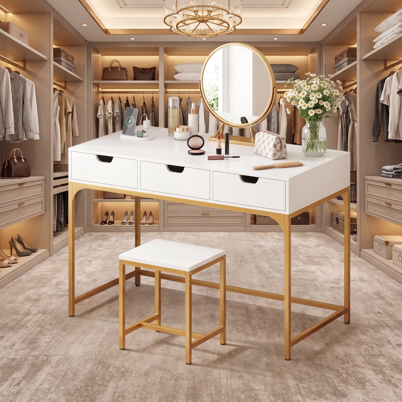 Furnibear Office Desk with Power Outlet and Drawers, Writing Desk with Hidden Storage Compartment and Charging Station for Study, White and Gold