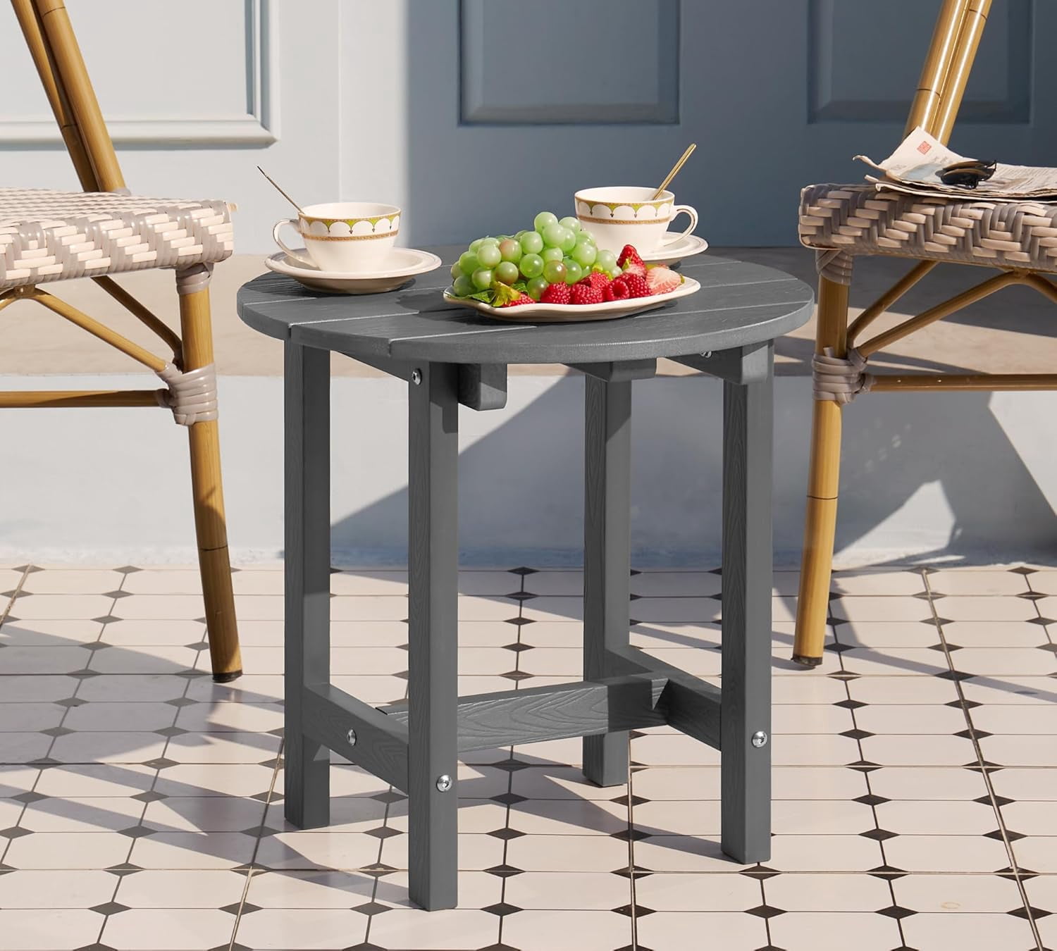 Y&M Outdoor Side Table, Waterproof Four-Legged Round Entryway End Table, Single-Tier HIPS Modern Small Coffee Nightstand for Bedroom, Living Room, Patio, Indoor or Outdoor Use, Dark Gray