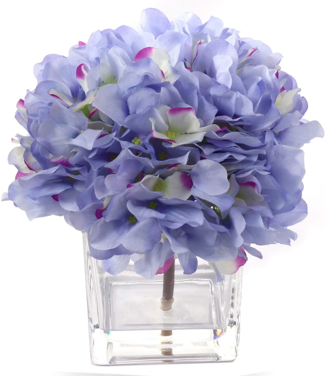 Floral Home Blue Hydrangea Flower Arrangement, Glass Square Vase, Blue