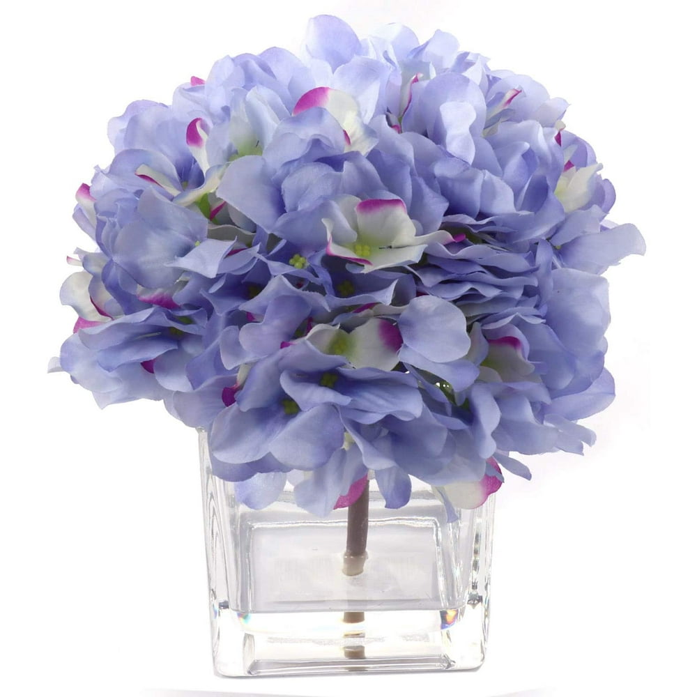 Floral Home Blue Hydrangea Flower Arrangement in Vase, Blue & Light