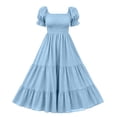 thumbnail image 5 of ClodeEU Women's Square Neck Puff Short Sleeve Smocked High Waist Tiered Ruffle Maxi Dress,Summer Flowy Casual Textured Dress Sky Blue,Women's Plus XXL, 5 of 7
