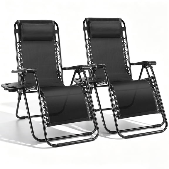 WASUHE Zero Gravity Recliner Chair Set of 2, Foldable Outdoor Lounge Chair with Cup Holder, Adjustable Patio Chair for Beach, Pool, Patio, Black