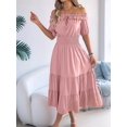 thumbnail image 4 of Women'S Summer Short Sleeves Ruffled Off Shoulder A-Line Midi Dresses Pink L, 4 of 10