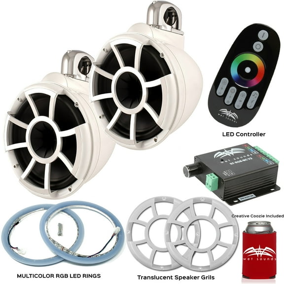 Wet Sounds REV10W-FC Fixed Clamp Tower Speakers with RGB LED Rings, Translucent Grills & RGB LED Controller - White