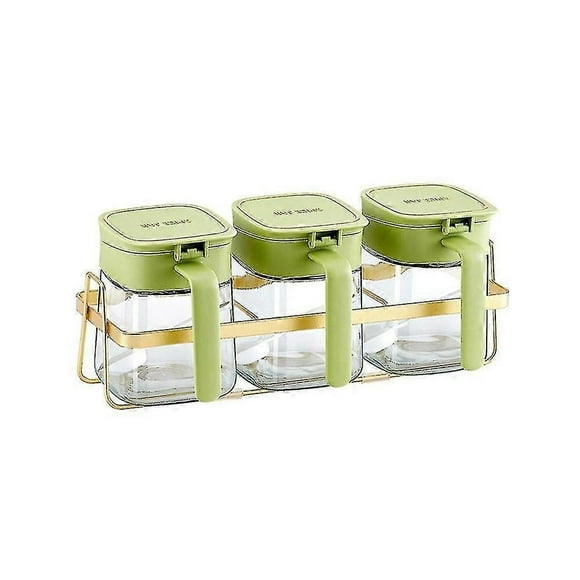 Condiment Jar Spice Container+lids & Spoons,clear Glass Condiment Canisters Pots Seasoning Box Salt Container Green
