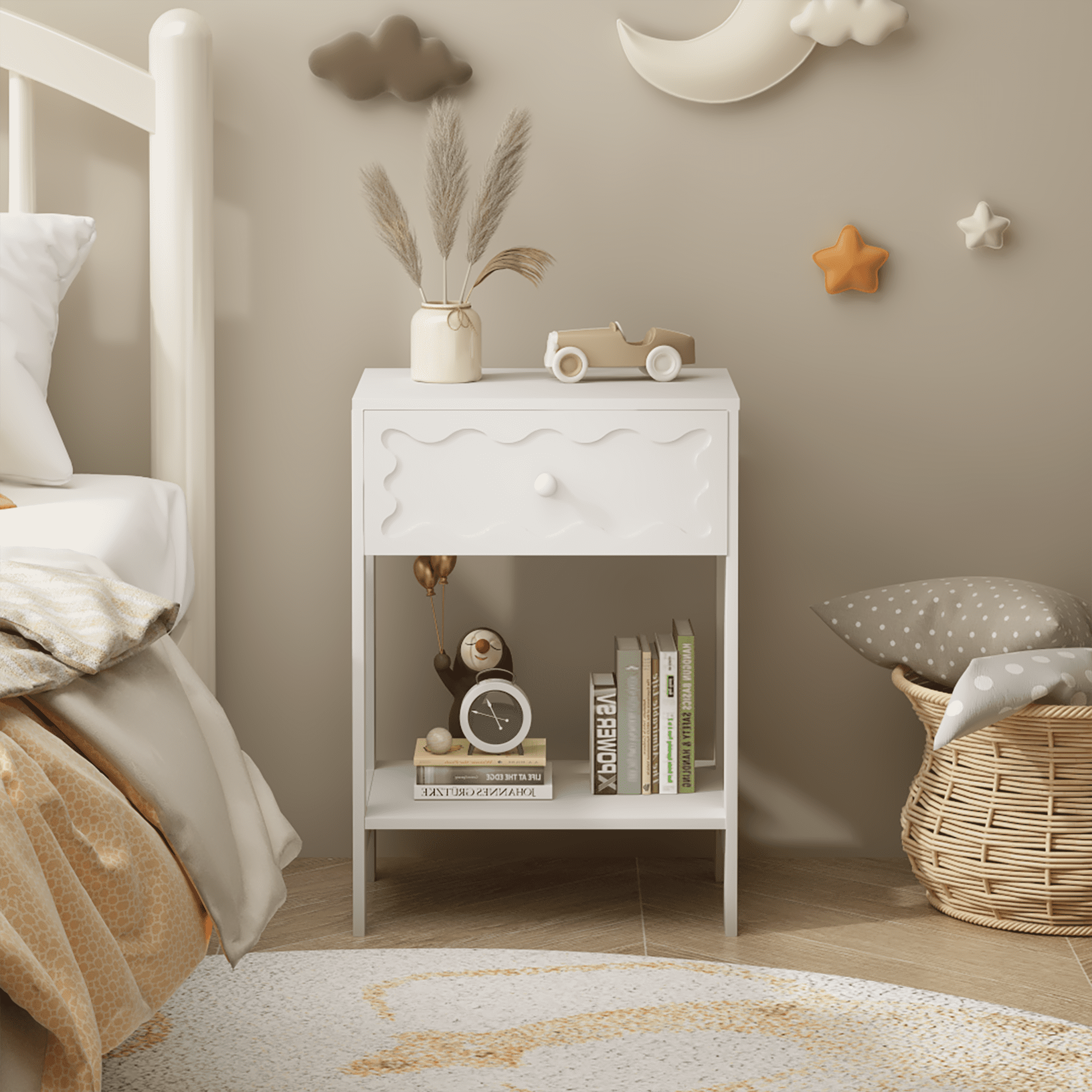 Nightstand with Drawer and Open Shelf,Modern Wave Pattern Solid Wood Bedside Table,End Table for Bedroom,Living Room,Small Spaces,White
