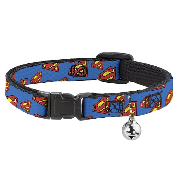 DC Comics Breakaway Cat Collar With Bell, Plastic Clip, Easy Adjustable, Super Shield Diagonal Royal Blue Red, 8.5 to 12 Inches 0.5 Inch Wide