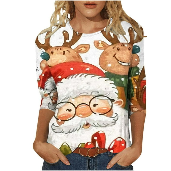 Giftesty Christmas Shirts for Women Fashion Women's Casual Christmas Print Round Neck 3/4 Sleeve T-Shirt Top Blouse