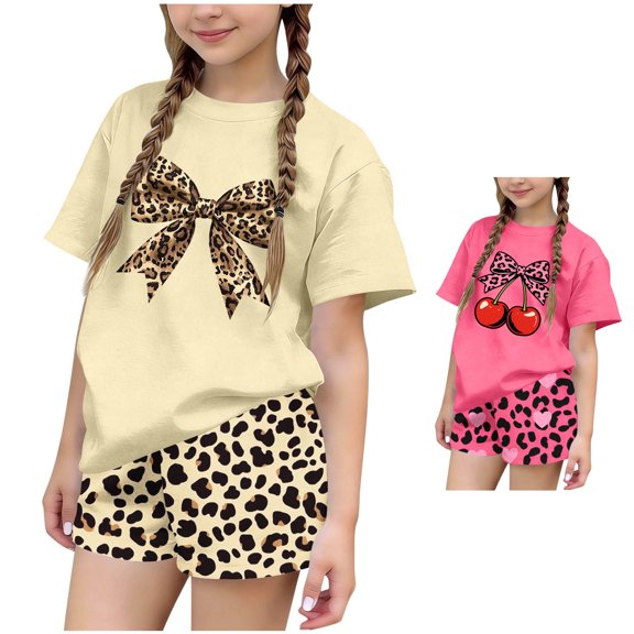 Asxite Girls Summer Outfits Casual Print Short Sleeve Round Neck Tee Shorts Set 2 Piece 3-15 Y