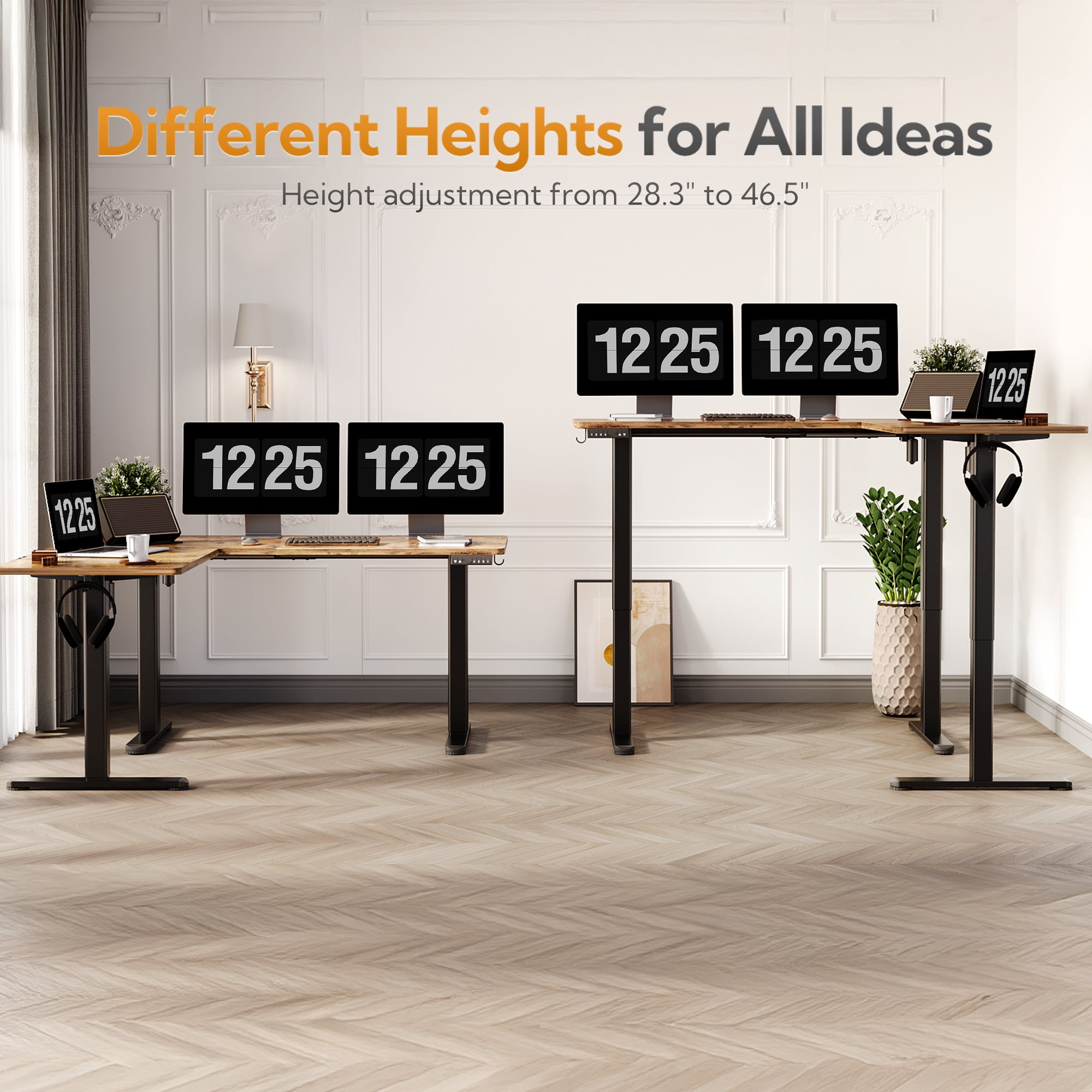 INNOVAR L Shaped Standing Desk Adjustable Height, Dual Motor Electric Corner Standing Desk, 63x55 inch Sit Stand up Desk Table with Splice Board, Rustic Brown