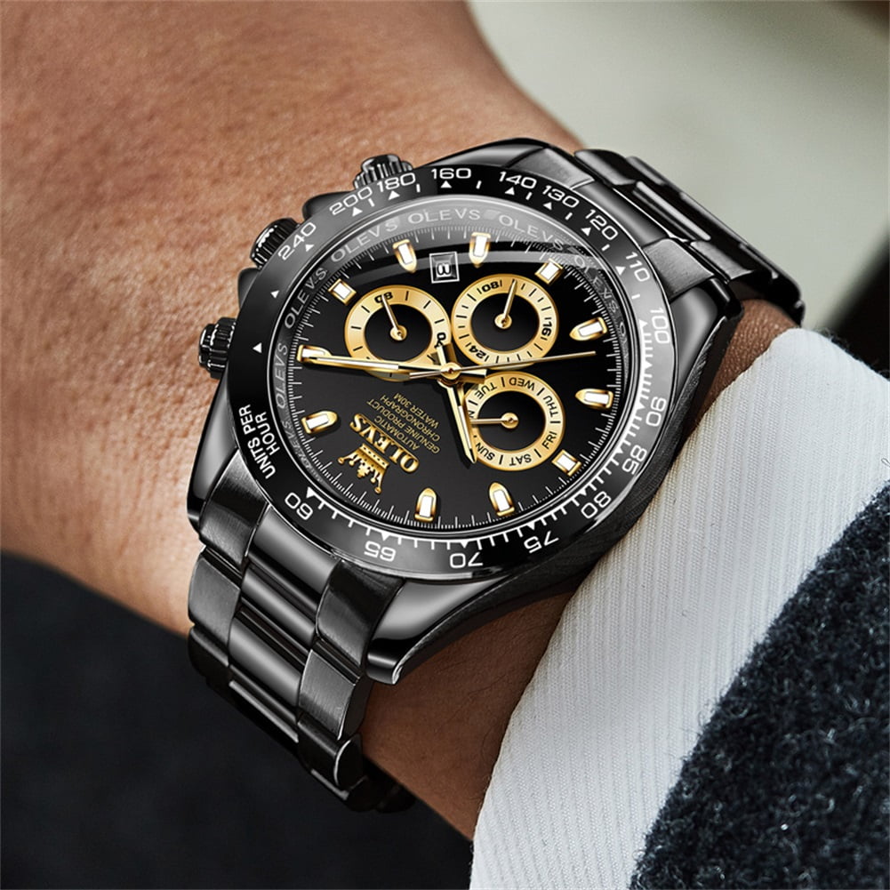 OLEVS Automatic Watches for Men Self Winding Chronograph Mechanical Luxury Dress Stainless Steel Calendar Date Waterproof Luminous Mens Wrist Watches Gift Reloj Para Hombre Gold/Black/Blue/Green Dial