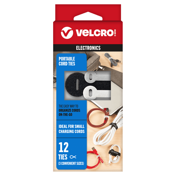 VELCRO Brand Portable Cord Ties | Organize Headphone Wires, Charging Cables, Power Cords in Backpacks Briefcases and Travel Bags | 3 Sizes and Colors, 12 pcs, 12pk Cord Ties