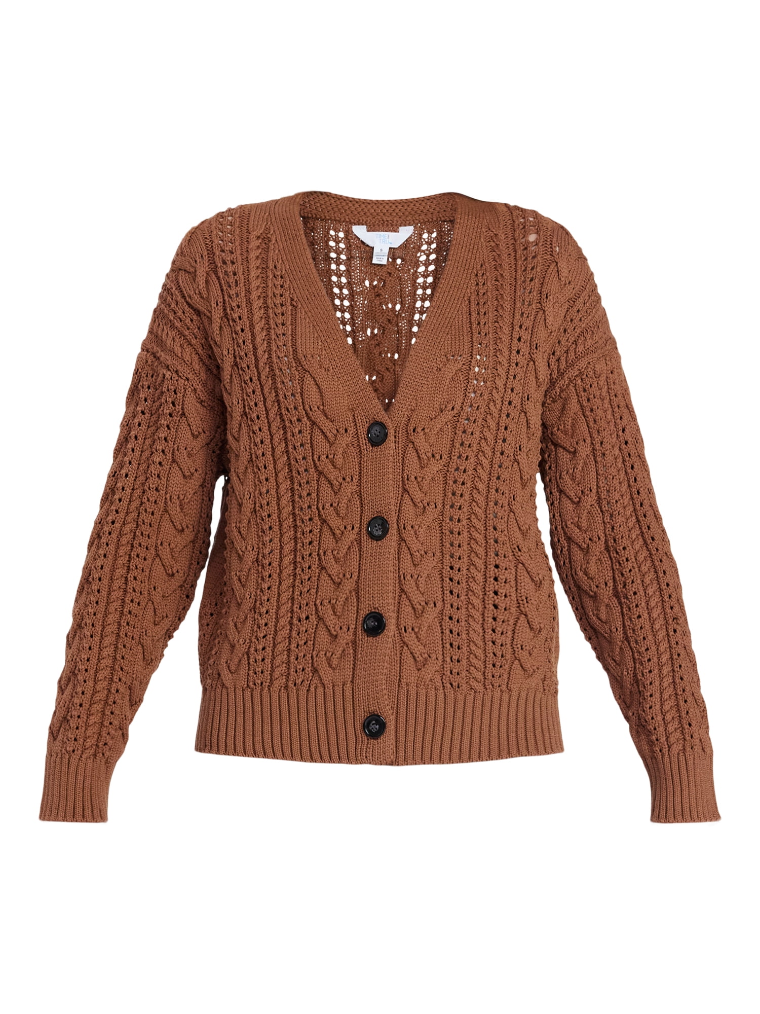 Time and Tru Women's Cable Knit Cardigan Sweater with Long Sleeves, Lightweight, Sizes XS-XXXL