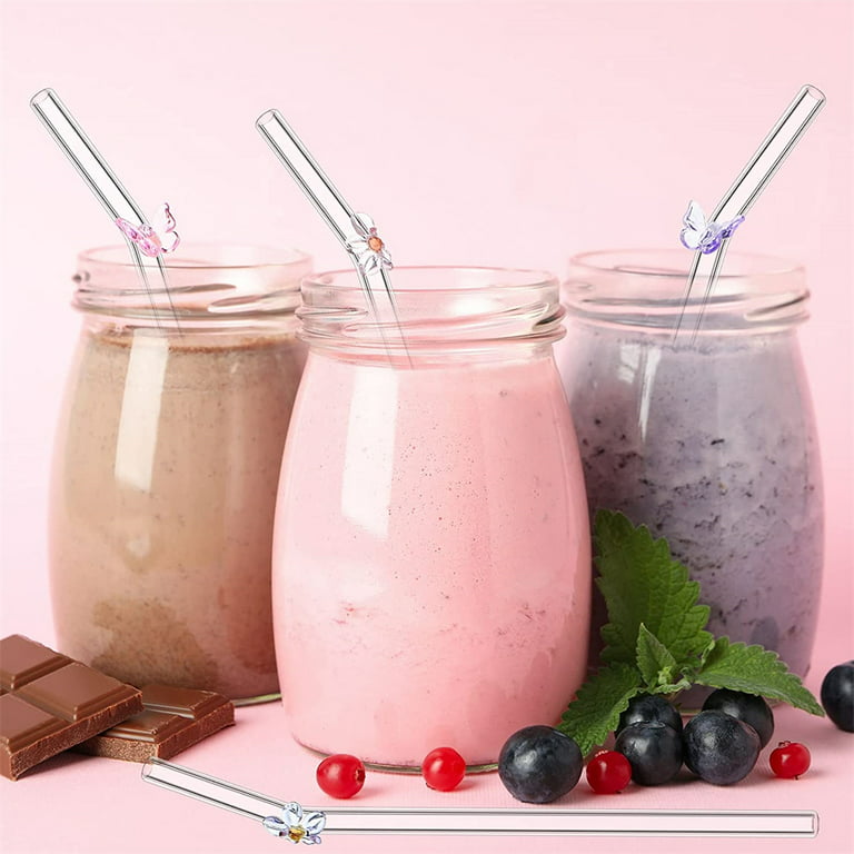 6 Pcs Glass Straw with Design Shatter Resistant Straws Reusable Clear Bent  Cute Straws 8 mm x 7.9 Inch with 2 Pcs Cleaning Brush for Drinking Smoothie