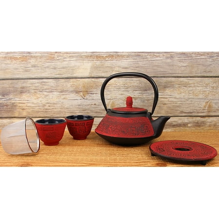 5 Pcs Japanese Cast Iron Tetsubin Tea Set ティーポット Antique 24 Fl Oz Dark Red Vintage Teapot + 2 Cups 1 Infuser 1 Trivet (Stand) Retro Fortune Design Packed in a nice gift