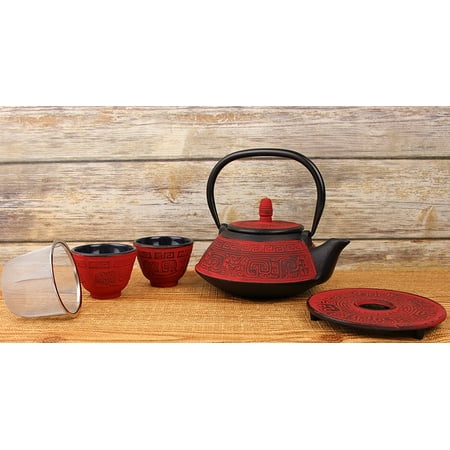 Antique Iron Box 5 Pcs Japanese Cast Iron Tetsubin Tea Set ティーポット Antique 24 Fl Oz Dark Red Vintage Teapot + 2 Cups 1 Infuser 1 Trivet (Stand) Retro Fortune Design Packed in a nice gift box ()