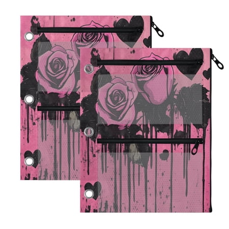 2 Pack 3-Ring Binder Pencil Pouch with Clear PVC Windows Gothic Pink Roses Graffiti Large Capacity Stationery Bag for Classroom Office Supplies