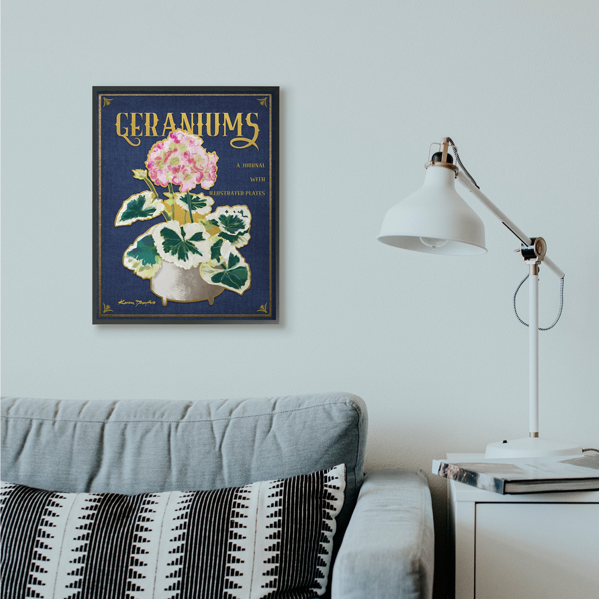 Stupell Industries Geraniums Blue Gold Flower Word Design Framed Wall Art by Karen Dreyfus