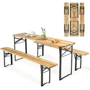 Foldable Picnic Table with Benches, 3-Piece 70” Portable Beer Garden Table with Sturdy Steel Frame, Folding Wooden Picnic Tables for Outdoors, Patio, Backyard