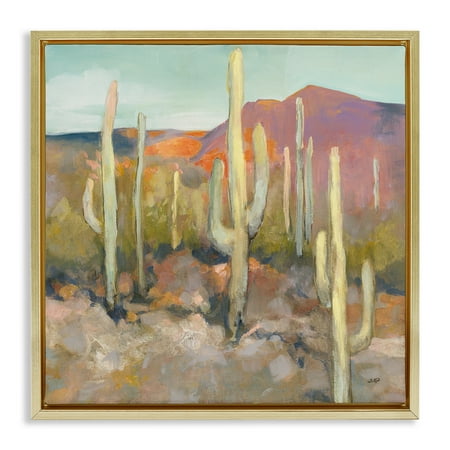 Stupell Industries Soft Cactus Desert Landscape Landscape Painting Gold Floater Framed Canvas Art Print Wall Art, 18 x 18