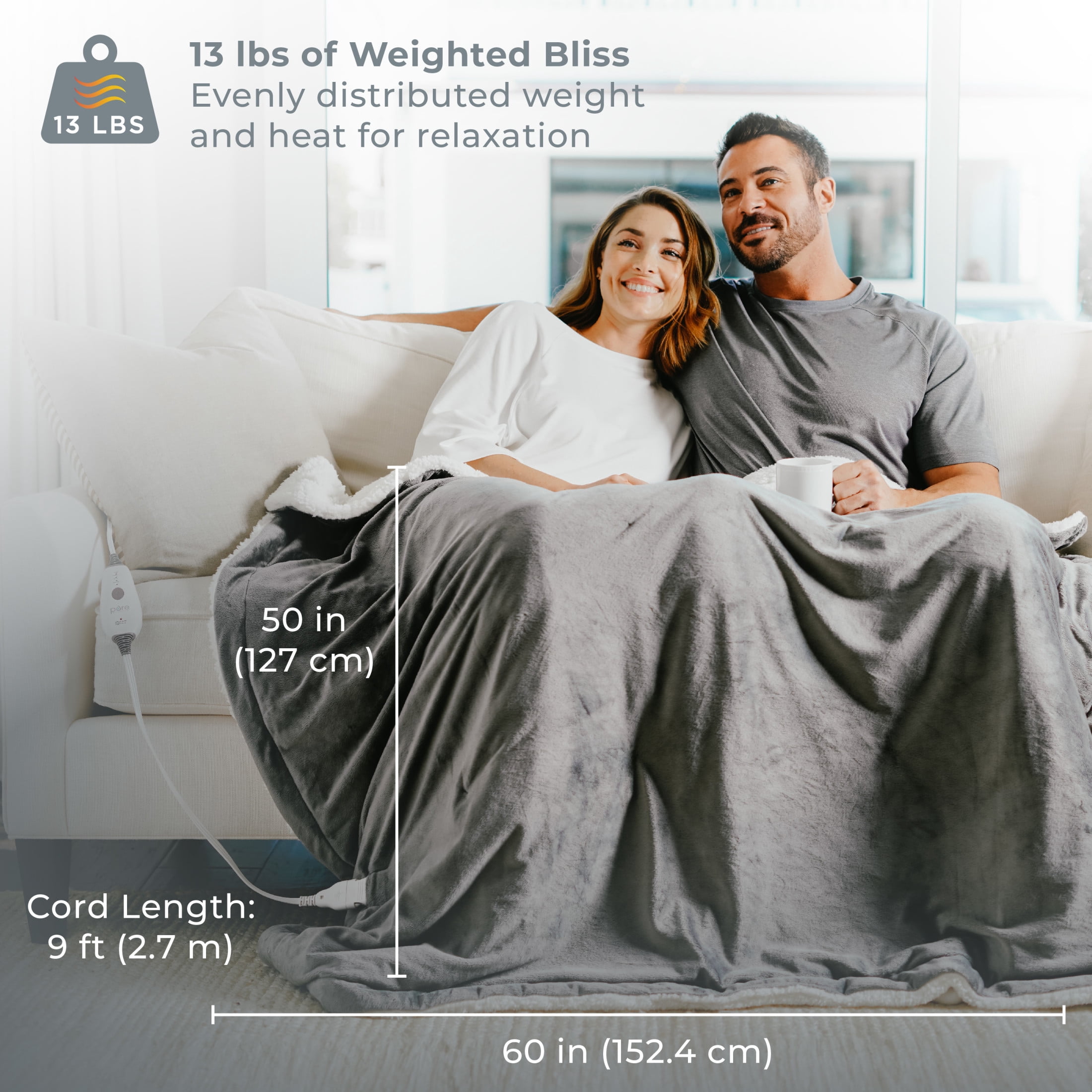 Pure Enrichment WeightedWarmth - 2-in-1 Heated Weighted Blanket, 13 lbs (50” x 60”) Large, 4 Relaxing InstaHeat Settings, Cozy and Soft Micromink and Sherpa, Reversible Throw with Storage Bag