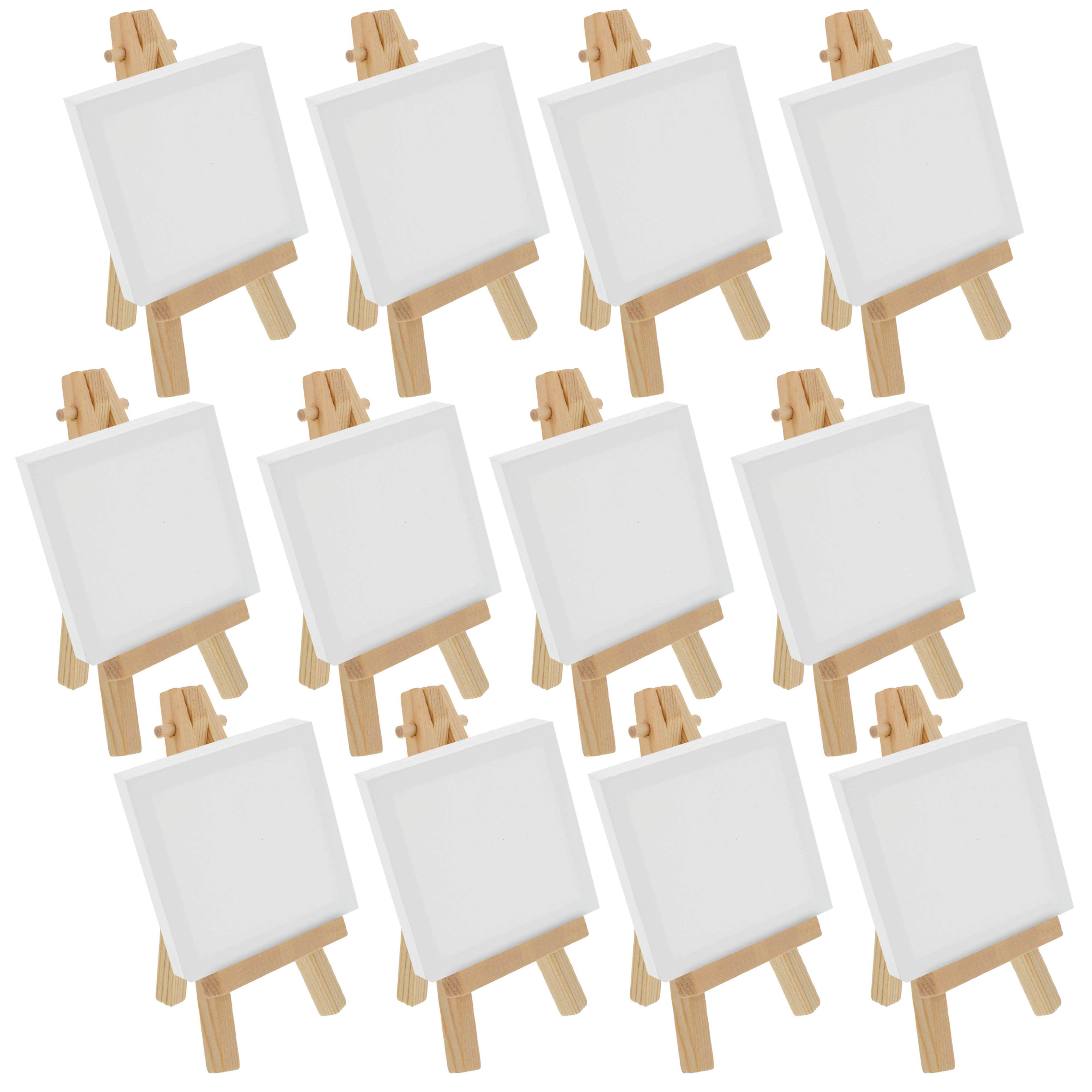 12 Pack U.S. Art Supply 2" x 2" Stretched Canvas with 5" Mini Natural Wood Display Easel Kit