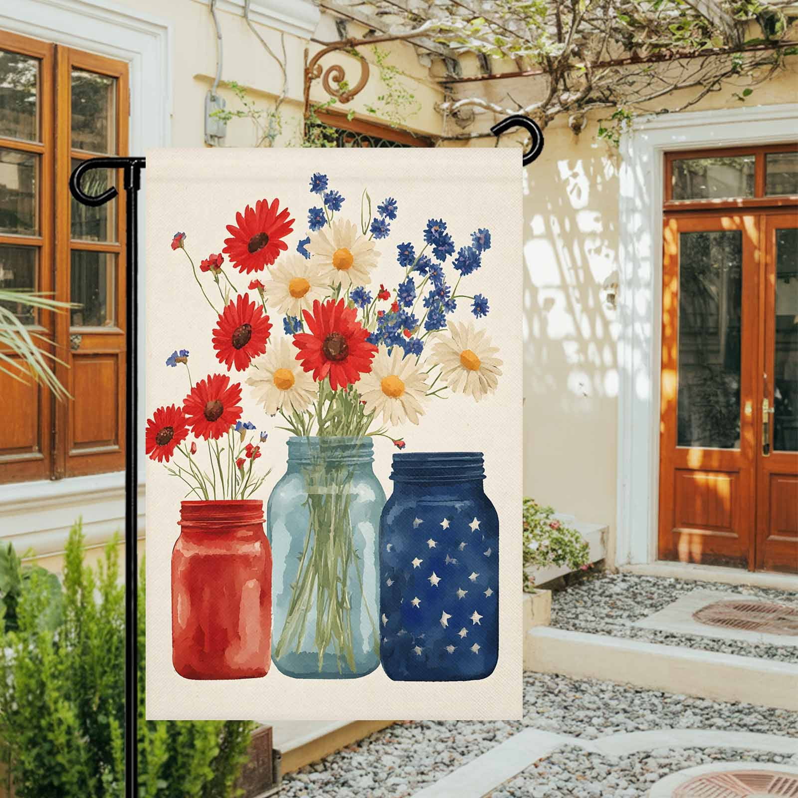 4th of July Garden Flags Red Blue Flower Vase Garden Flag Double Sided Welcome Flag Patriotic Independence Day Yard Flags for Outdoor Lawn Porch Memorial Day Seasonal Holiday Decor 28x40 Inch