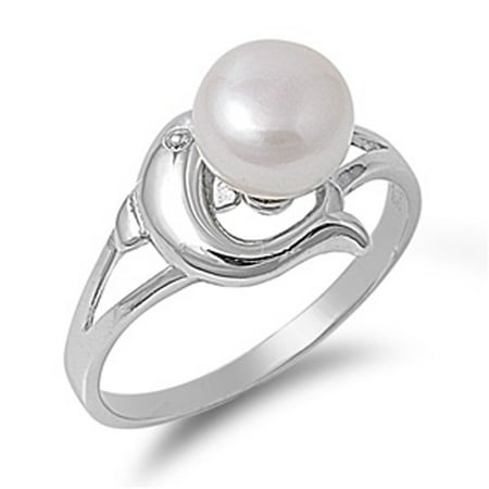 Animal Green Ring - Freshwater Simulated Pearl Dolphin Animal Nautical Ring Sterling Silver Band Size 5