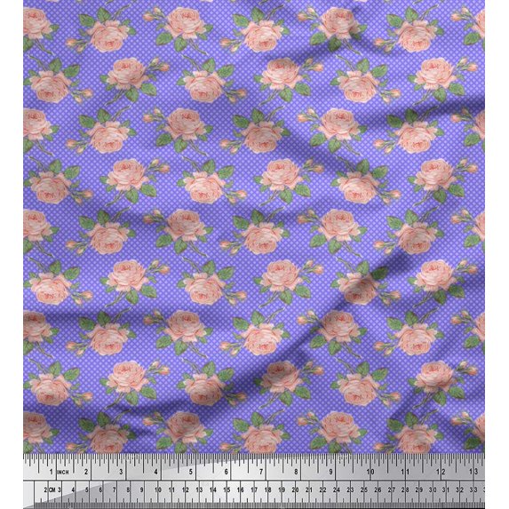 Soimoi Satin Silk Fabric Check,Leaves & Rose Floral Printed Craft Fabric by The Yard 42 Inch Wide
