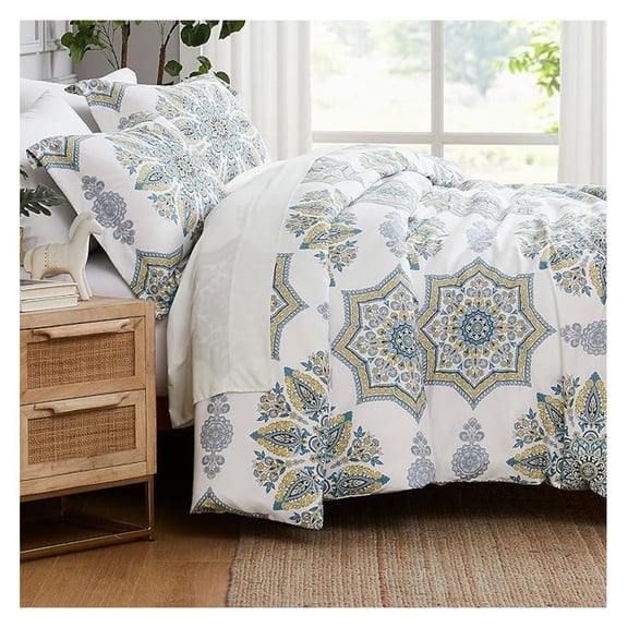 Oversized Comforter Full Size Set, Down Boho Bedding, Paisley Floral Print Bed Spread, Full Size/Queen with 2 Matching Shams, Aqua on White