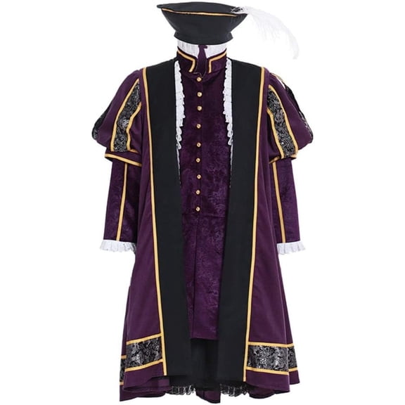 Men's Medieval Court Lord Cloth Renaissance Robe Coat Pants Hat Outfit